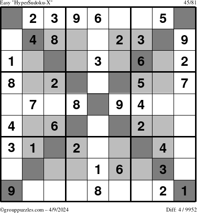 The grouppuzzles.com Easy HyperSudoku-X puzzle for Tuesday April 9, 2024