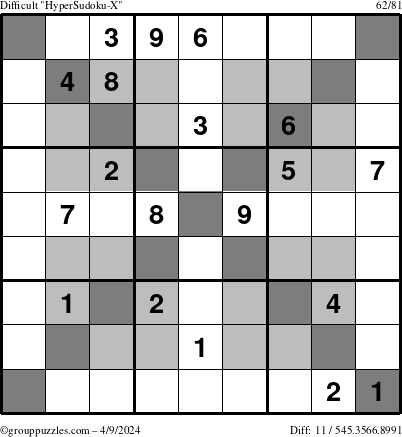 The grouppuzzles.com Difficult HyperSudoku-X puzzle for Tuesday April 9, 2024