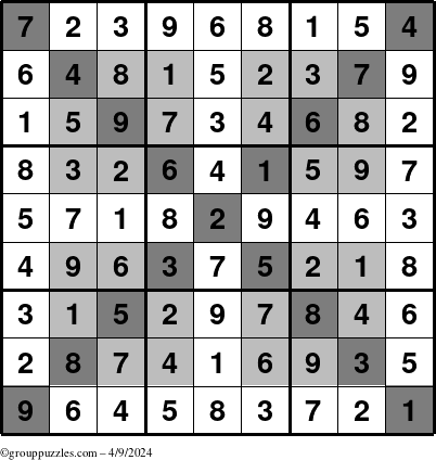 The grouppuzzles.com Answer grid for the HyperSudoku-X puzzle for Tuesday April 9, 2024