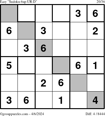 The grouppuzzles.com Easy Sudoku-6up-UR-D puzzle for Saturday April 6, 2024