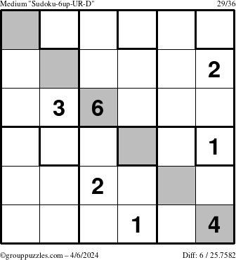 The grouppuzzles.com Medium Sudoku-6up-UR-D puzzle for Saturday April 6, 2024