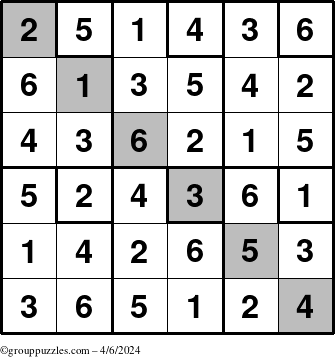 The grouppuzzles.com Answer grid for the Sudoku-6up-UR-D puzzle for Saturday April 6, 2024