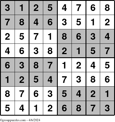 The grouppuzzles.com Answer grid for the SuperSudoku-8 puzzle for Saturday April 6, 2024