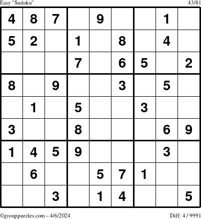 The grouppuzzles.com Easy Sudoku puzzle for Saturday April 6, 2024