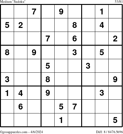 The grouppuzzles.com Medium Sudoku puzzle for Saturday April 6, 2024