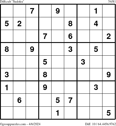 The grouppuzzles.com Difficult Sudoku puzzle for Saturday April 6, 2024