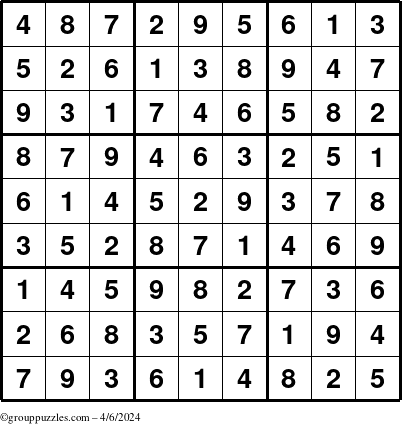 The grouppuzzles.com Answer grid for the Sudoku puzzle for Saturday April 6, 2024