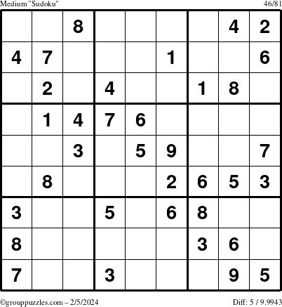 The grouppuzzles.com Medium Sudoku puzzle for Monday February 5, 2024