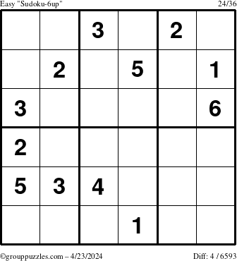 The grouppuzzles.com Easy Sudoku-6up puzzle for Tuesday April 23, 2024