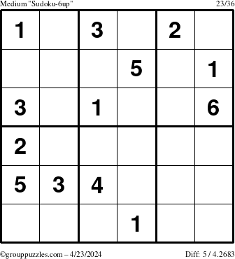 The grouppuzzles.com Medium Sudoku-6up puzzle for Tuesday April 23, 2024