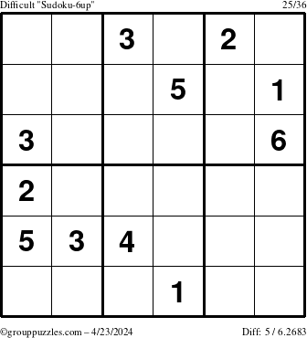 The grouppuzzles.com Difficult Sudoku-6up puzzle for Tuesday April 23, 2024