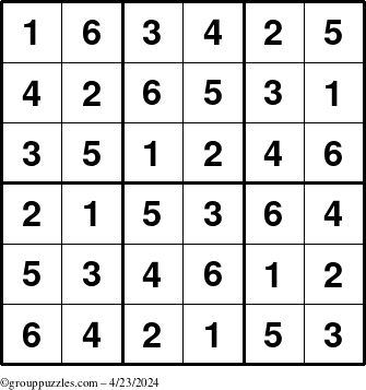 The grouppuzzles.com Answer grid for the Sudoku-6up puzzle for Tuesday April 23, 2024