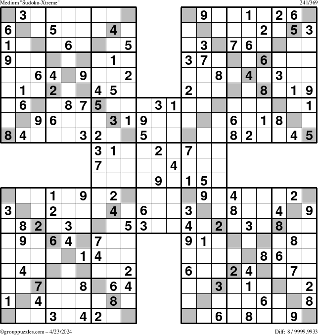 The grouppuzzles.com Medium Sudoku-Xtreme puzzle for Tuesday April 23, 2024