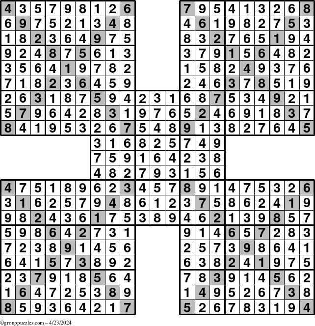 The grouppuzzles.com Answer grid for the Sudoku-Xtreme puzzle for Tuesday April 23, 2024