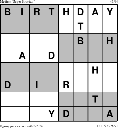 The grouppuzzles.com Medium Super-Birthday puzzle for Tuesday April 23, 2024