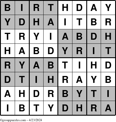 The grouppuzzles.com Answer grid for the Super-Birthday puzzle for Tuesday April 23, 2024