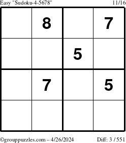 The grouppuzzles.com Easy Sudoku-4-5678 puzzle for Friday April 26, 2024