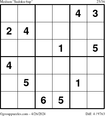 The grouppuzzles.com Medium Sudoku-6up puzzle for Friday April 26, 2024