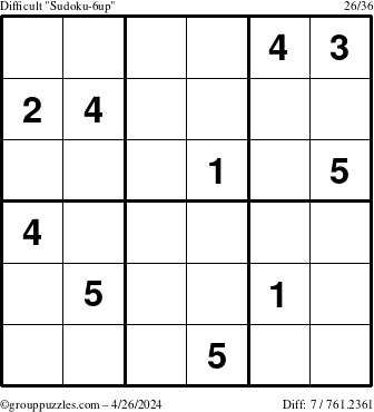 The grouppuzzles.com Difficult Sudoku-6up puzzle for Friday April 26, 2024