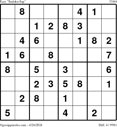 The grouppuzzles.com Easy Sudoku-8up puzzle for Friday April 26, 2024