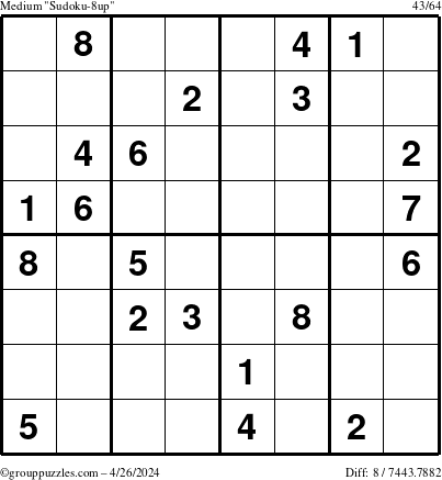 The grouppuzzles.com Medium Sudoku-8up puzzle for Friday April 26, 2024
