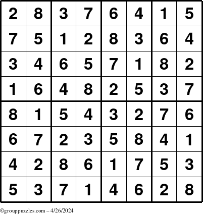 The grouppuzzles.com Answer grid for the Sudoku-8up puzzle for Friday April 26, 2024