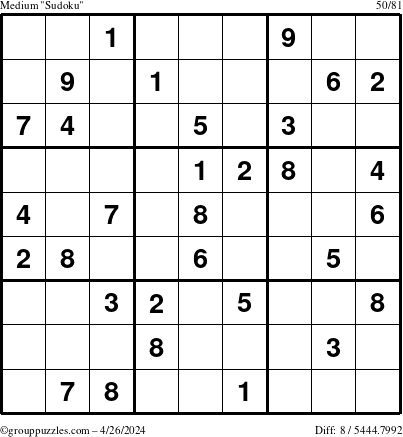 The grouppuzzles.com Medium Sudoku puzzle for Friday April 26, 2024