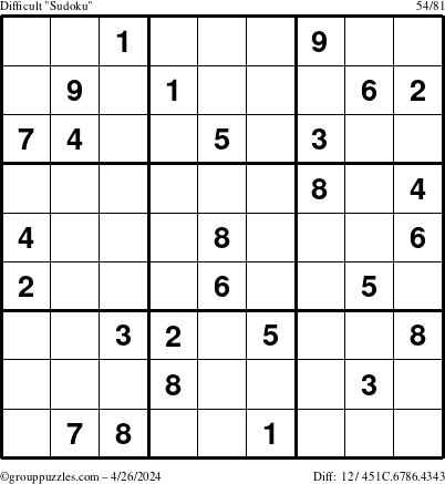 The grouppuzzles.com Difficult Sudoku puzzle for Friday April 26, 2024