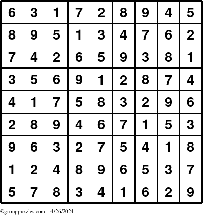 The grouppuzzles.com Answer grid for the Sudoku puzzle for Friday April 26, 2024