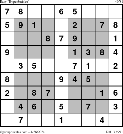 The grouppuzzles.com Easy HyperSudoku puzzle for Friday April 26, 2024