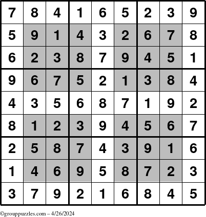 The grouppuzzles.com Answer grid for the HyperSudoku puzzle for Friday April 26, 2024