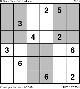 The grouppuzzles.com Difficult SuperSudoku-Junior puzzle for Wednesday April 3, 2024