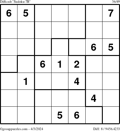 The grouppuzzles.com Difficult Sudoku-7B puzzle for Wednesday April 3, 2024