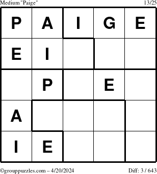 The grouppuzzles.com Medium Paige puzzle for Saturday April 20, 2024