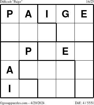 The grouppuzzles.com Difficult Paige puzzle for Saturday April 20, 2024