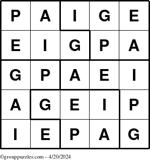 The grouppuzzles.com Answer grid for the Paige puzzle for Saturday April 20, 2024