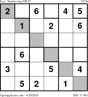 The grouppuzzles.com Easy Sudoku-6up-UR-D puzzle for Saturday April 20, 2024