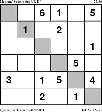 The grouppuzzles.com Medium Sudoku-6up-UR-D puzzle for Saturday April 20, 2024