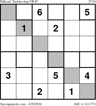 The grouppuzzles.com Difficult Sudoku-6up-UR-D puzzle for Saturday April 20, 2024