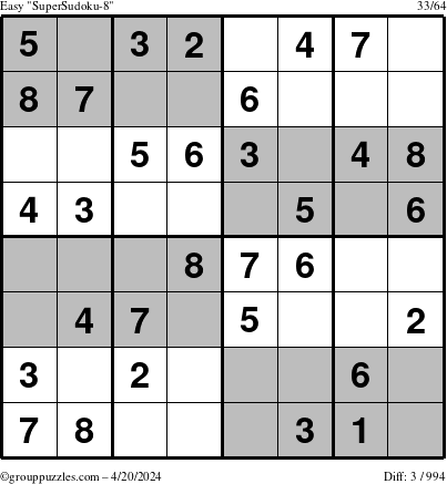 The grouppuzzles.com Easy SuperSudoku-8 puzzle for Saturday April 20, 2024