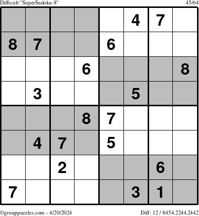 The grouppuzzles.com Difficult SuperSudoku-8 puzzle for Saturday April 20, 2024