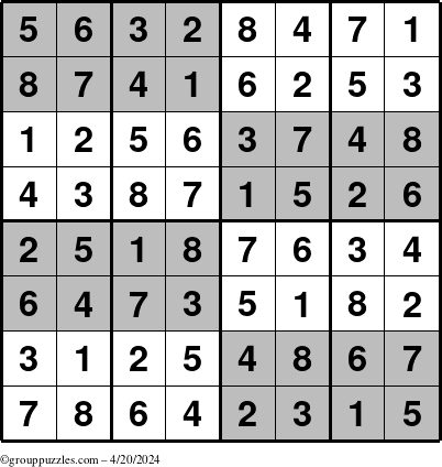 The grouppuzzles.com Answer grid for the SuperSudoku-8 puzzle for Saturday April 20, 2024