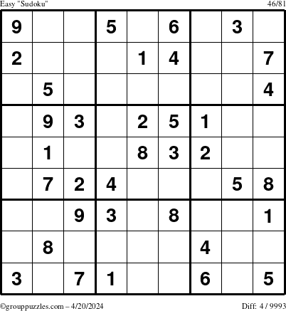 The grouppuzzles.com Easy Sudoku puzzle for Saturday April 20, 2024