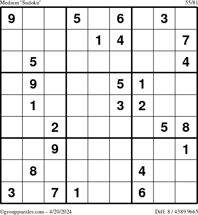 The grouppuzzles.com Medium Sudoku puzzle for Saturday April 20, 2024