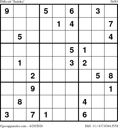 The grouppuzzles.com Difficult Sudoku puzzle for Saturday April 20, 2024