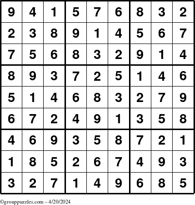 The grouppuzzles.com Answer grid for the Sudoku puzzle for Saturday April 20, 2024