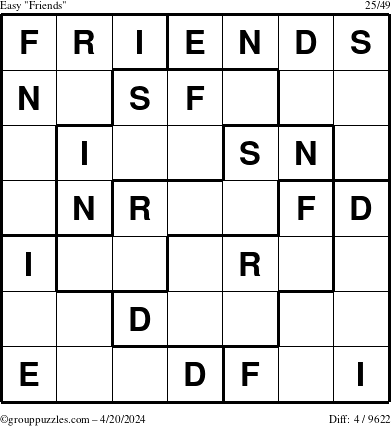 The grouppuzzles.com Easy Friends puzzle for Saturday April 20, 2024