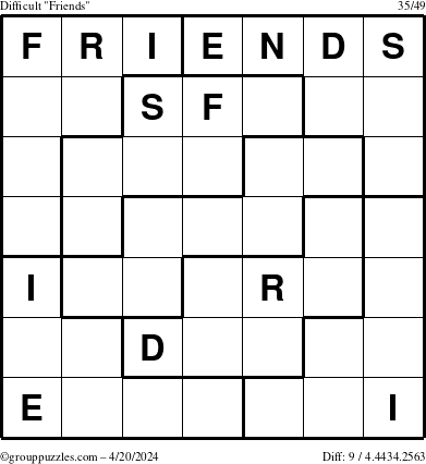The grouppuzzles.com Difficult Friends puzzle for Saturday April 20, 2024