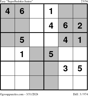 The grouppuzzles.com Easy SuperSudoku-Junior puzzle for Sunday March 31, 2024