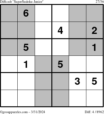 The grouppuzzles.com Difficult SuperSudoku-Junior puzzle for Sunday March 31, 2024